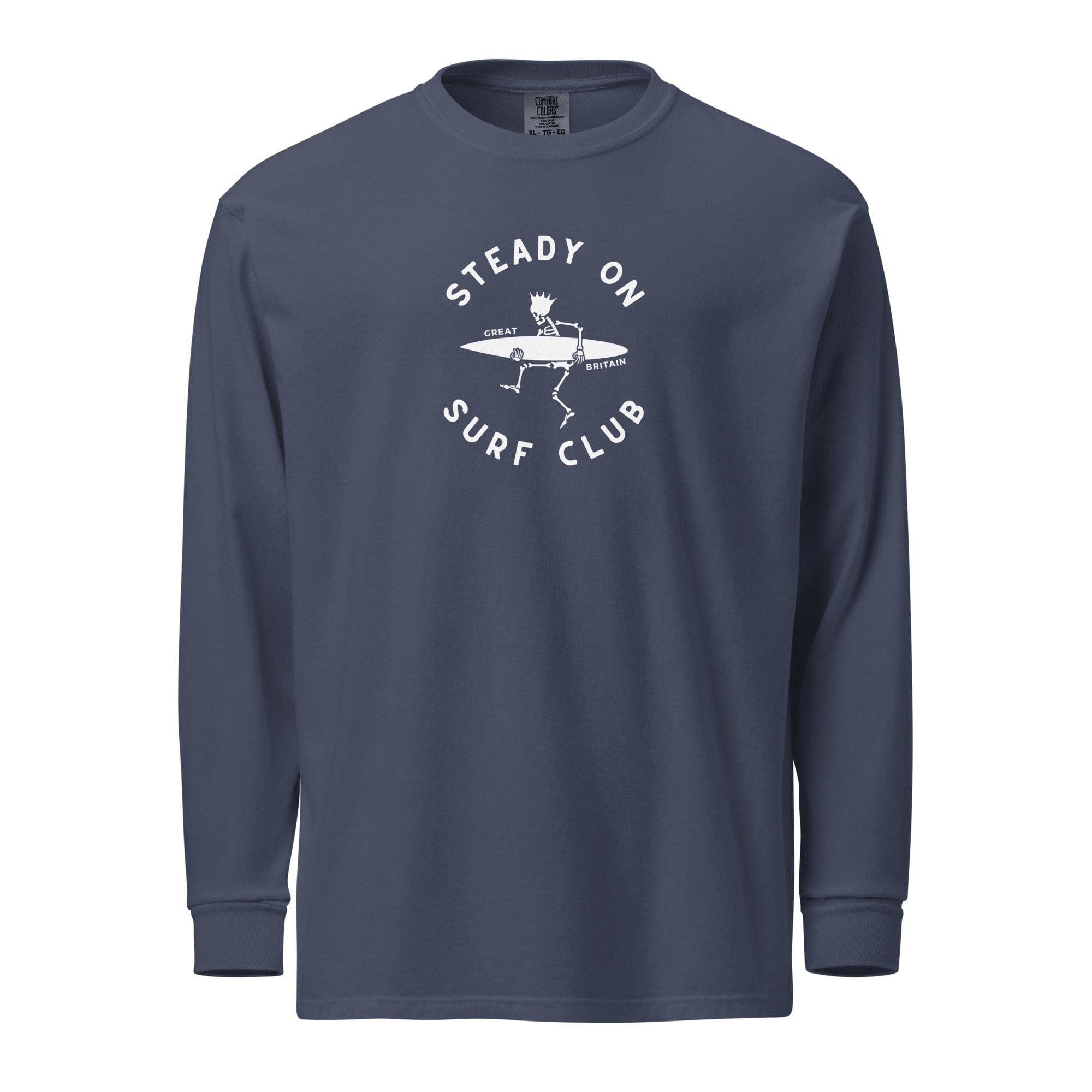 Jolly & Goode long sleeve shirts Navy / S Steady On Surf Club | Great Britain | Skeleton Surf King | Garment-dyed Heavyweight Long-Sleeve Shirt Cheeky British Style