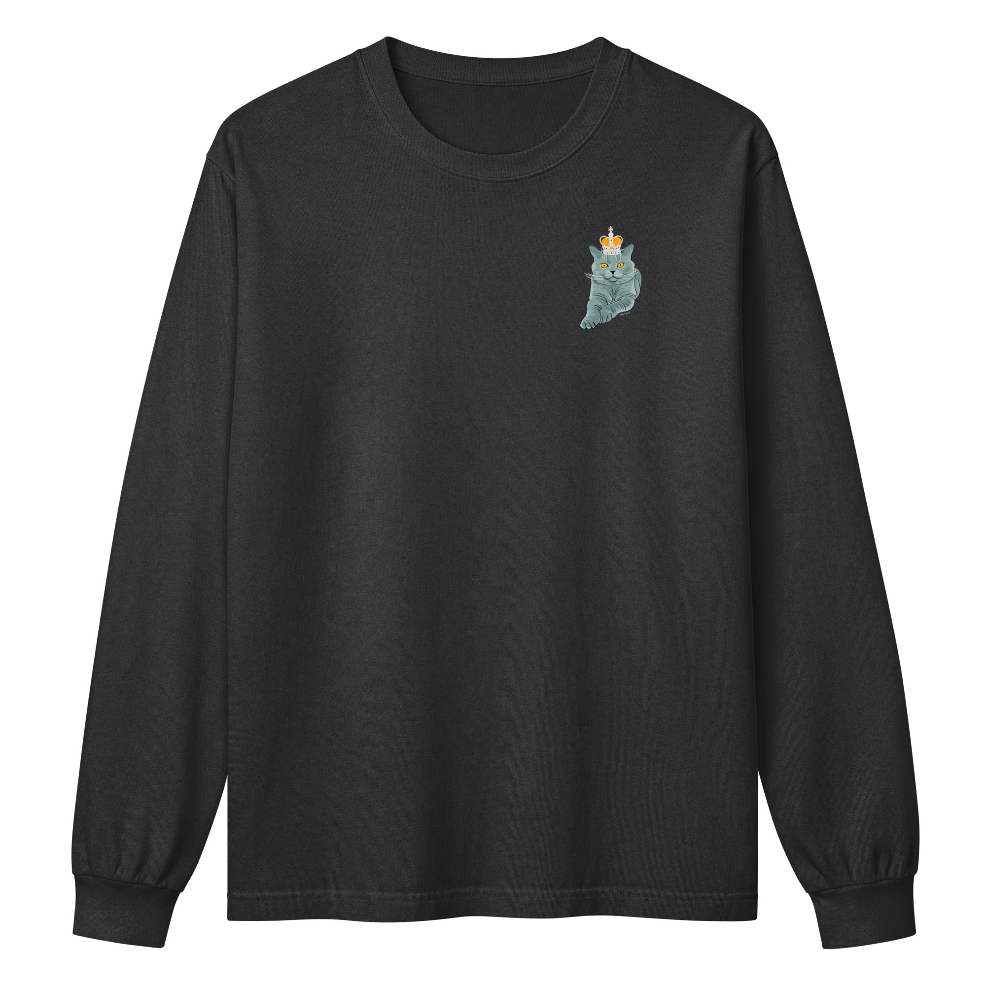 Jolly & Goode long sleeve shirts Washed Black / XS Crowned British Blue Cat Long Sleeve Tee | Garment Dyed | Unisex Cheeky British Style