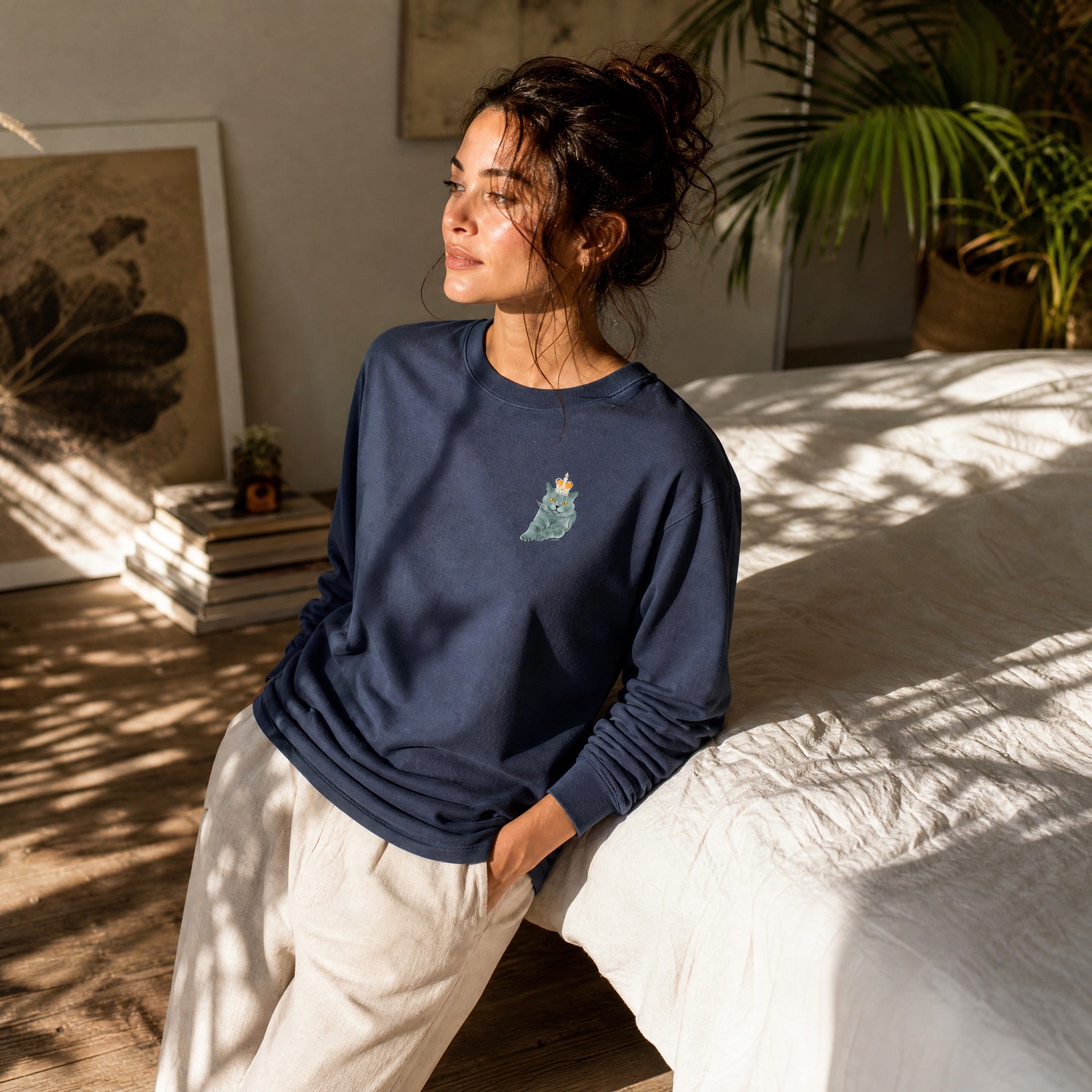 Jolly & Goode long sleeve shirts Washed Navy / XS Crowned British Blue Cat Long Sleeve Tee | Garment Dyed | Unisex Cheeky British Style