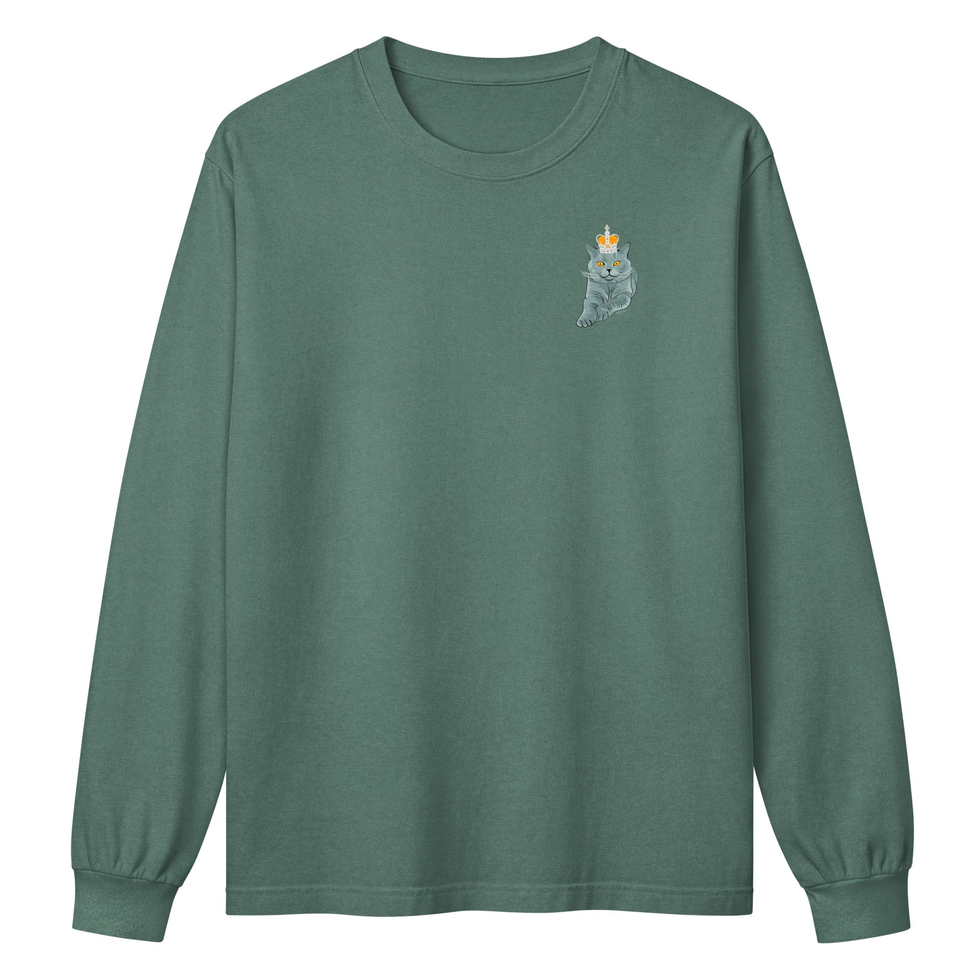 Jolly & Goode long sleeve shirts Washed Pine / XS Crowned British Blue Cat Long Sleeve Tee | Garment Dyed | Unisex Cheeky British Style