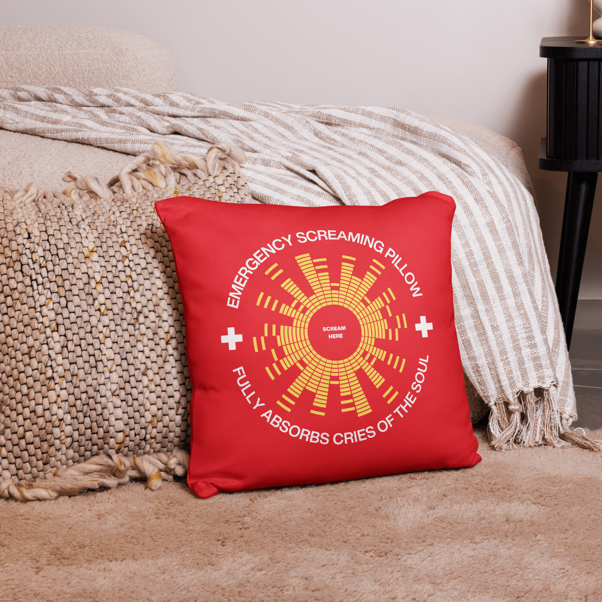 Jolly & Goode Pillow 18″×18″ Emergency Screaming Pillow in Safety Red Cheeky British Style