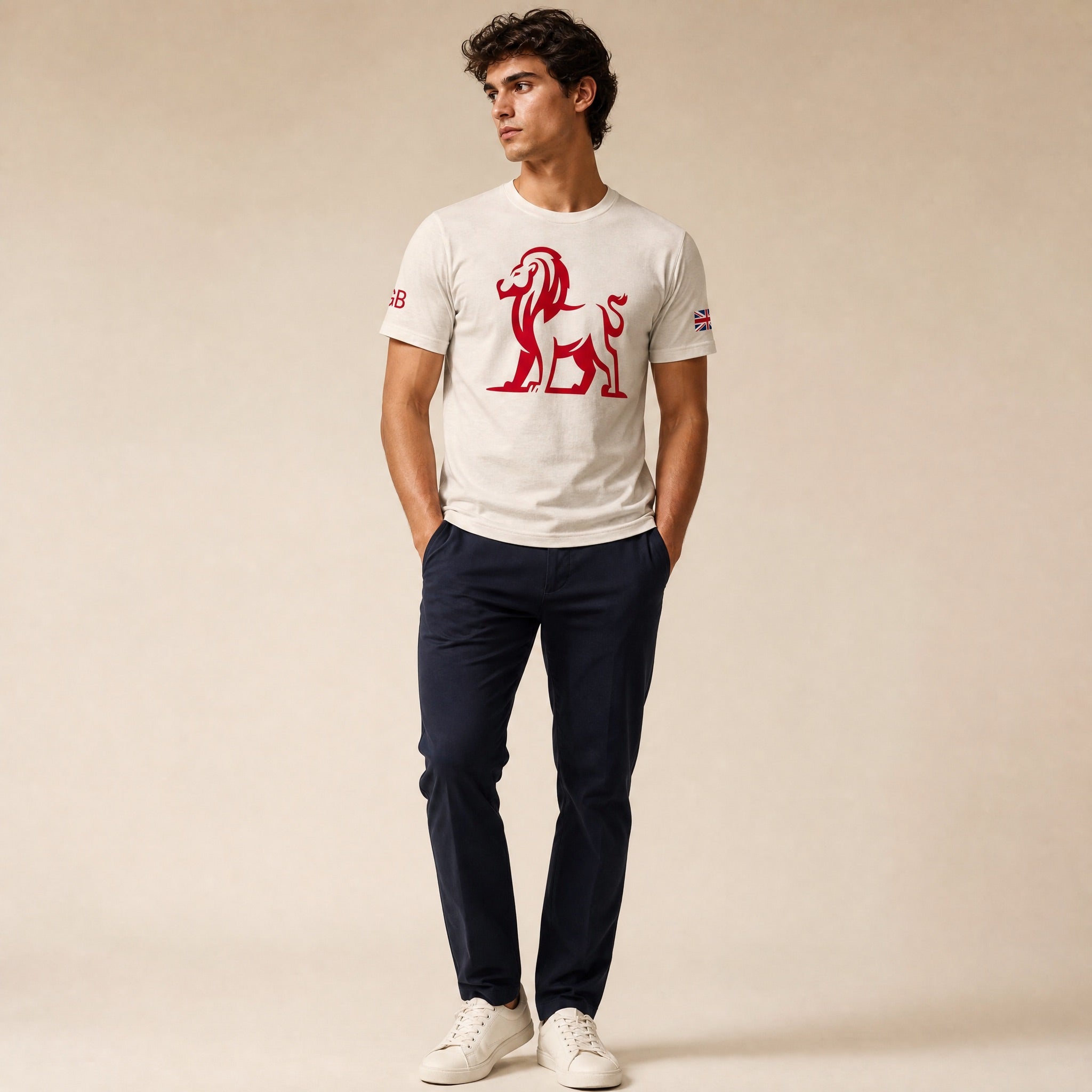 Jolly & Goode Shirts & Tops Heather Dust / S GB Lion Tee | Union Jack sleeve Cheeky British Style