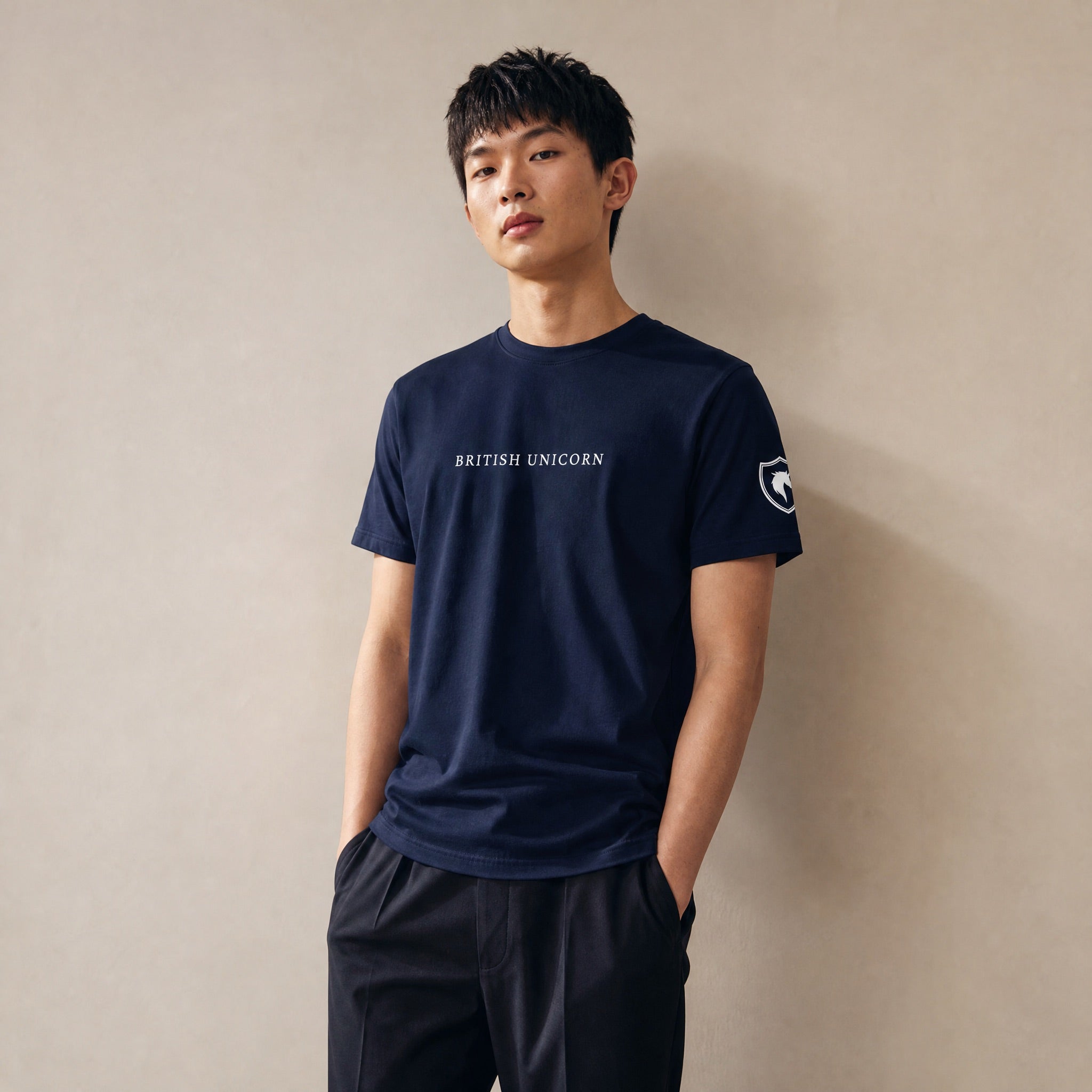 Jolly & Goode Shirts & Tops Navy / S British Unicorn Tee with Shield on Sleeve Cheeky British Style
