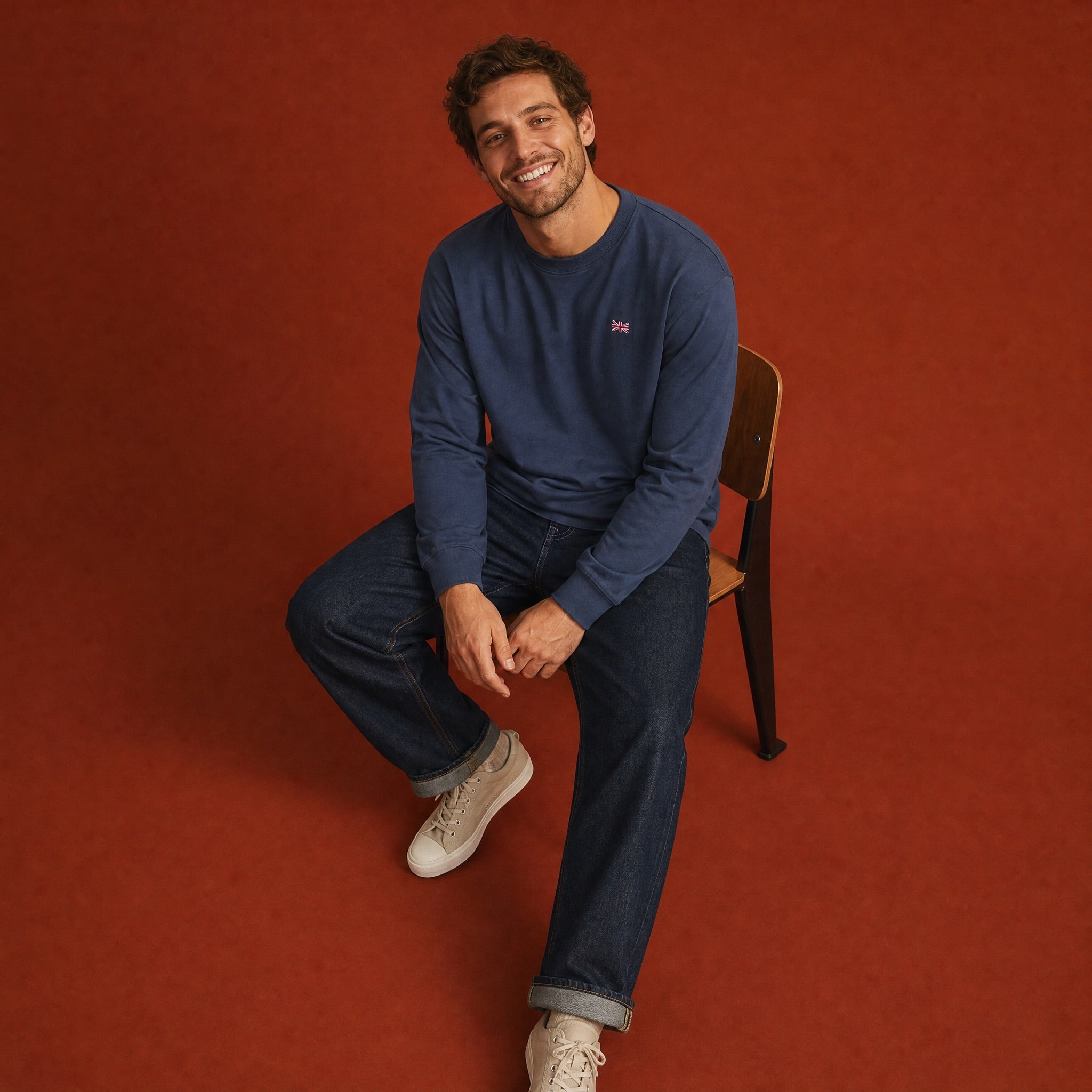 Jolly & Goode Subtle Union Jack Long Sleeve Tee | Garment Dyed Cheeky British Style