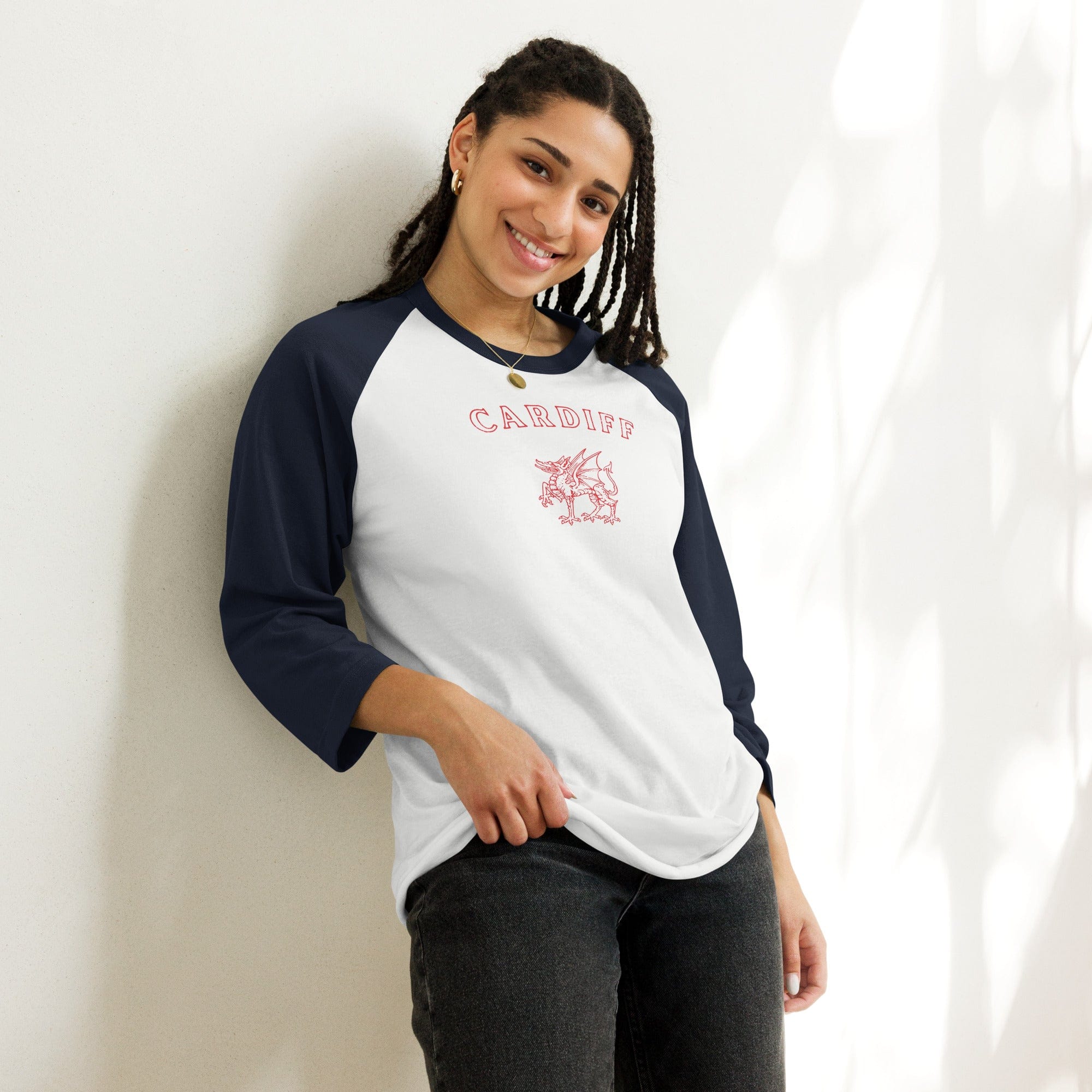 Jolly & Goode unisex raglan shirts White/Navy / XS Cardiff Dragon 3/4 Sleeve Raglan Shirt Cheeky British Style