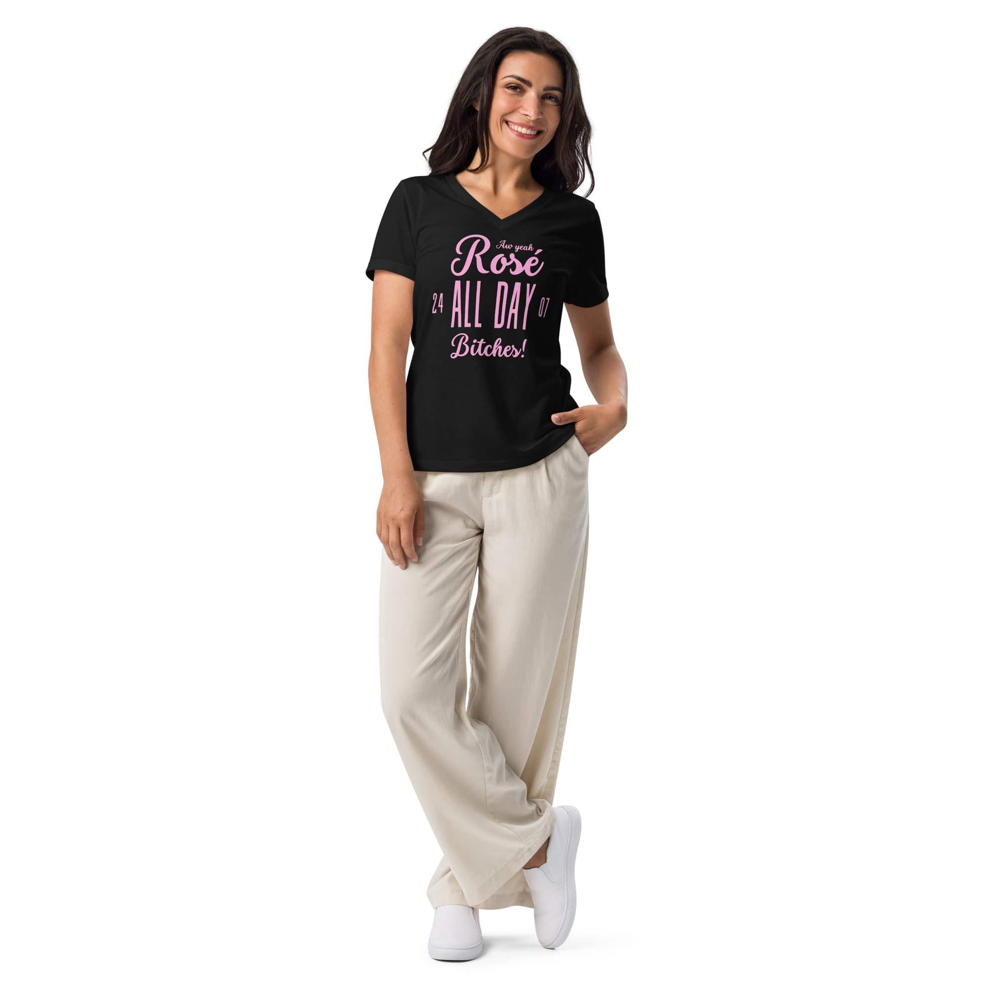 Jolly & Goode Women's Shirts Rosé All Day Bitches | Women’s Relaxed V-neck T-shirt Cheeky British Style