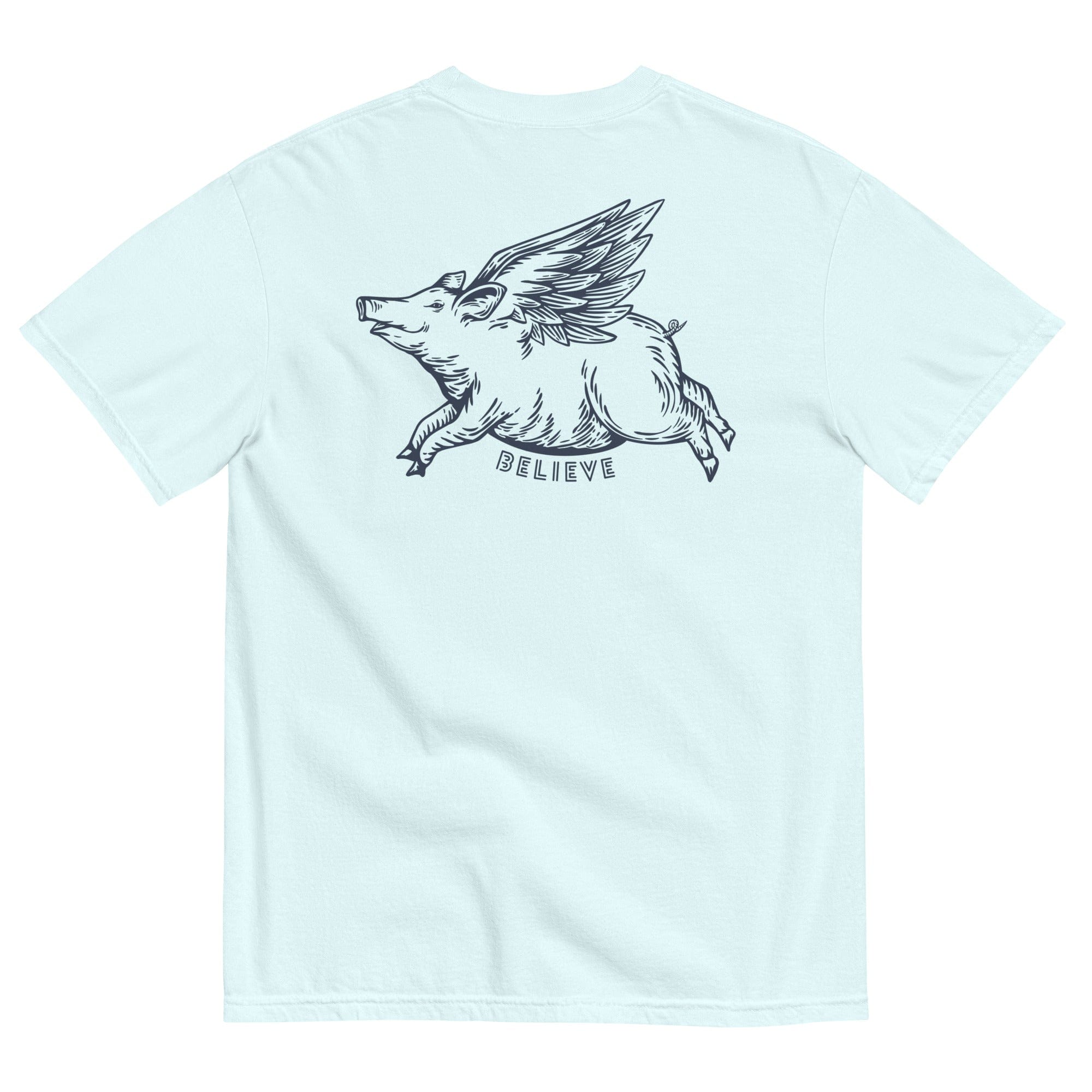 Oliver Jolly 'Believe' Flying Pig T-shirt | When pigs fly | Garment-dyed heavyweight cotton | Unisex Chambray / S Shirts & Tops Jolly & Goode