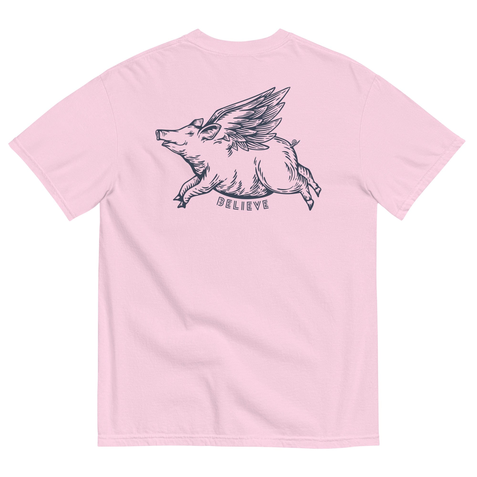 Oliver Jolly 'Believe' Flying Pig T-shirt | When pigs fly | Garment-dyed heavyweight cotton | Unisex Orchid / S Shirts & Tops Jolly & Goode