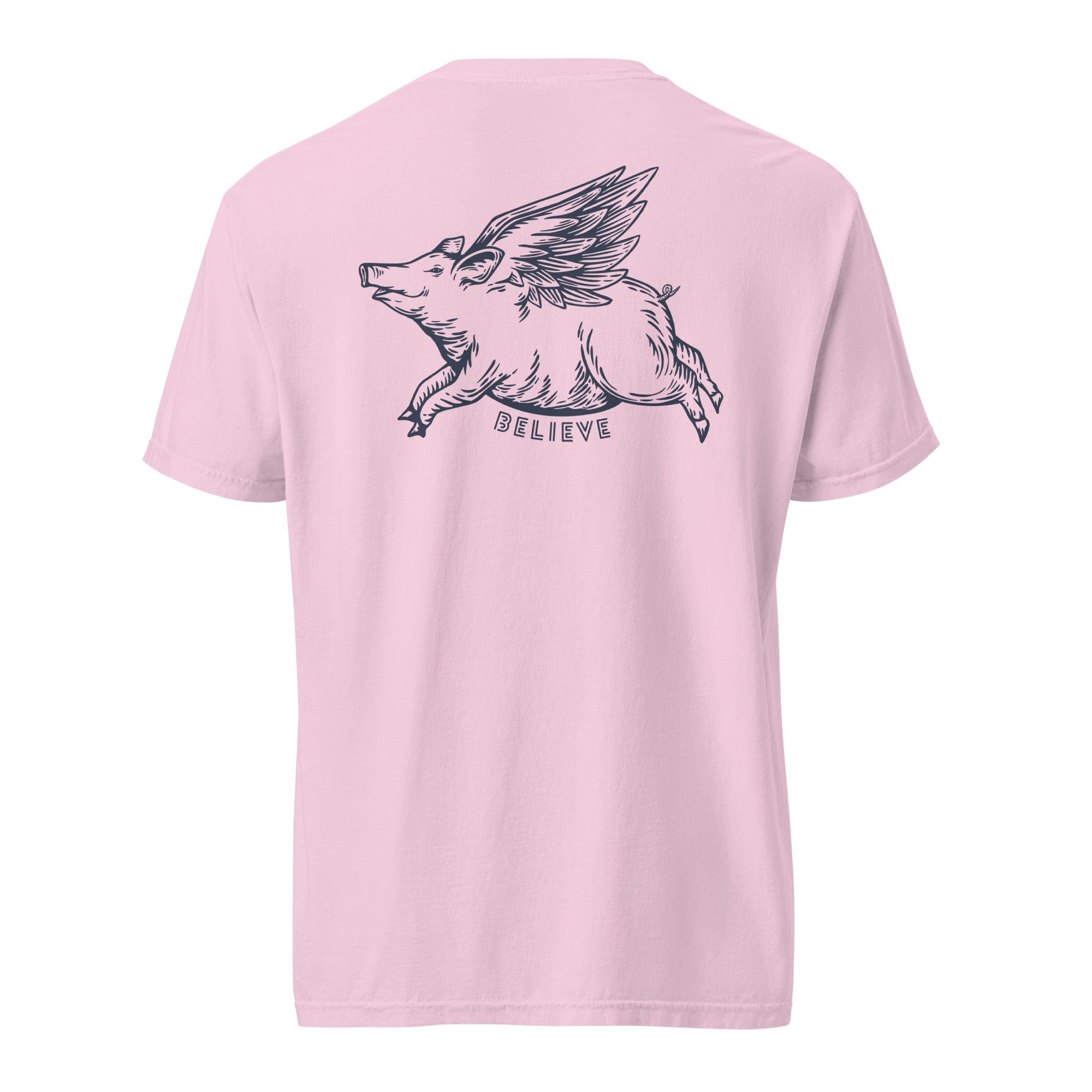 Oliver Jolly 'Believe' Flying Pig T-shirt | When pigs fly | Garment-dyed heavyweight cotton | Unisex.