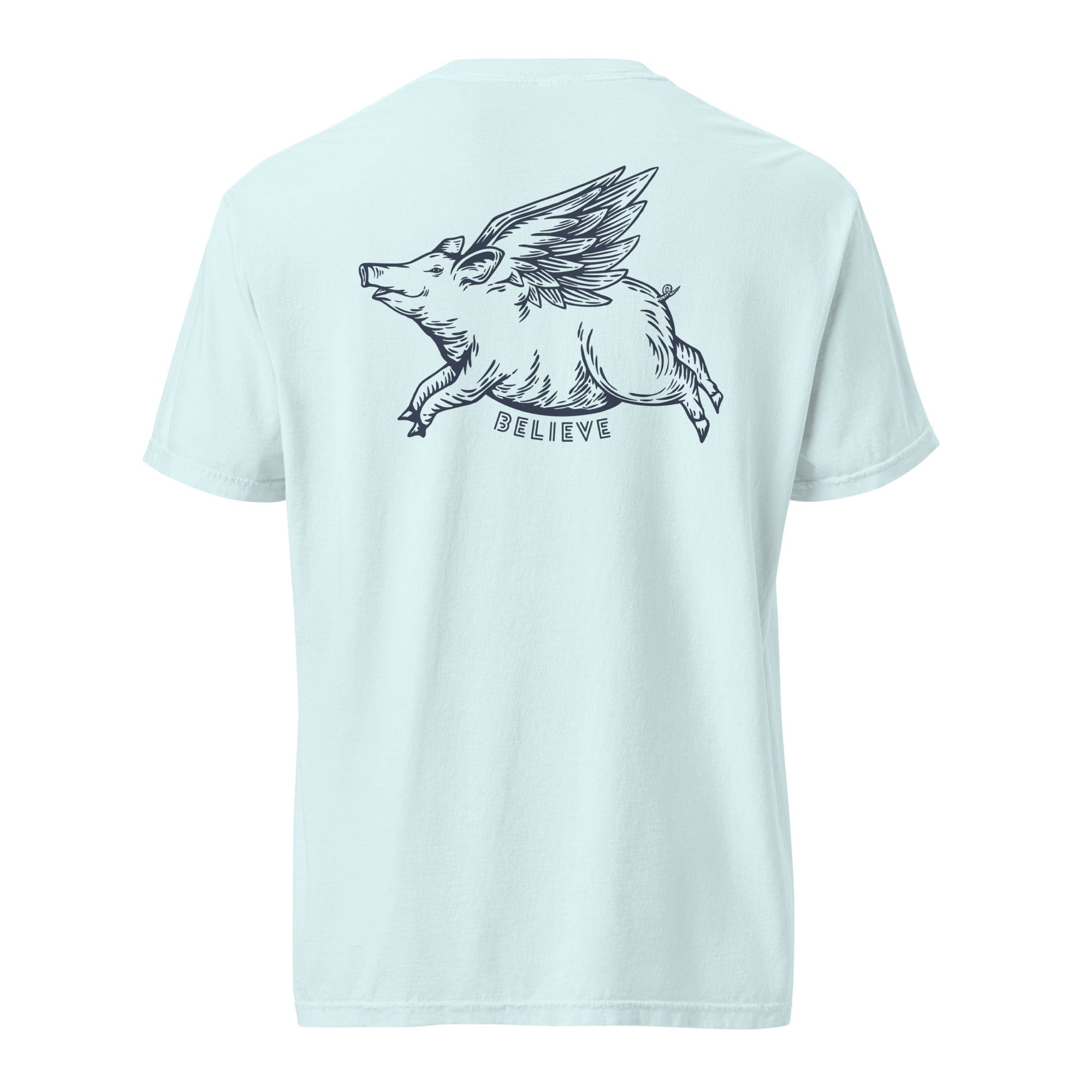 Oliver Jolly 'Believe' Flying Pig T-shirt | When pigs fly | Garment-dyed heavyweight cotton | Unisex.