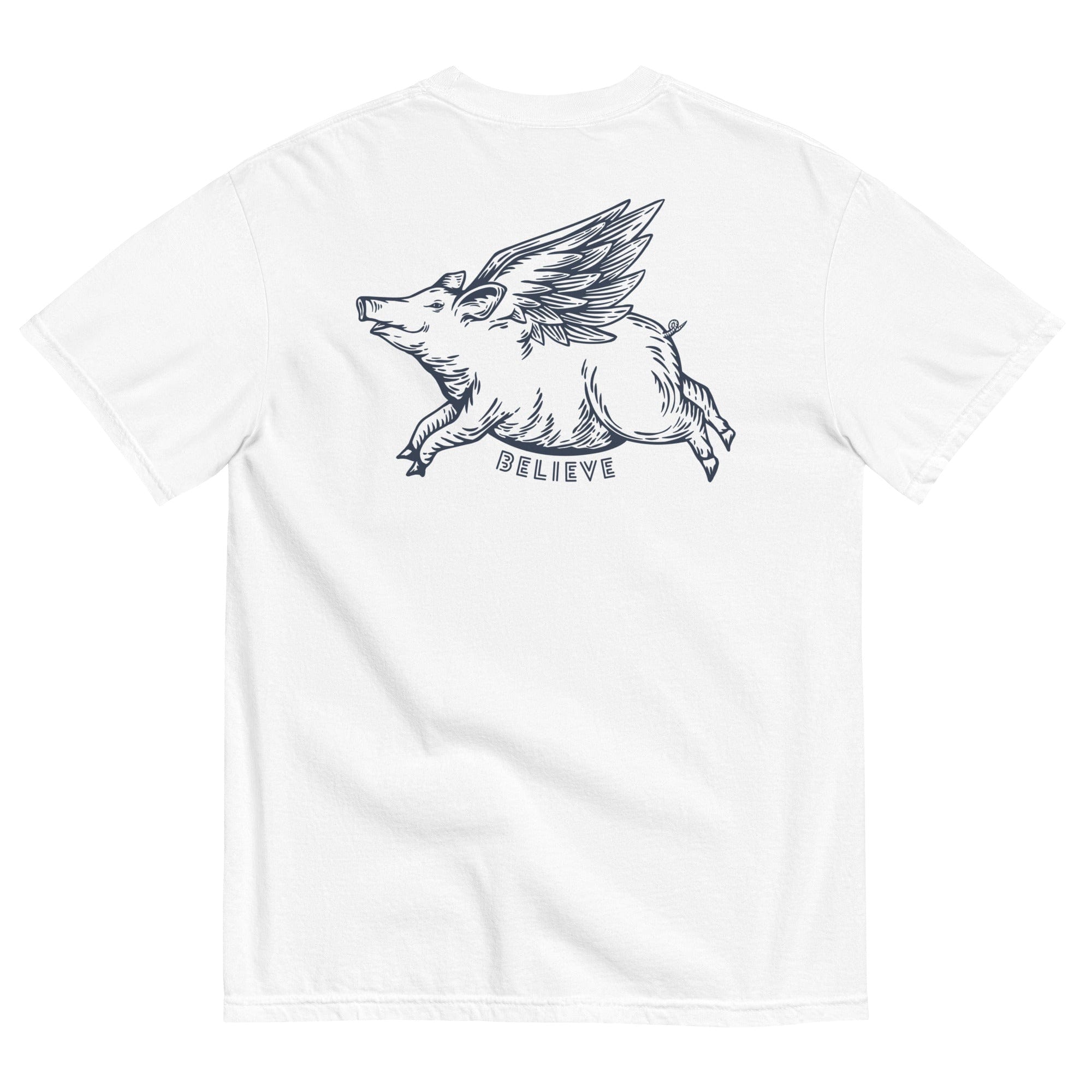 Oliver Jolly 'Believe' Flying Pig T-shirt | When pigs fly | Garment-dyed heavyweight cotton | Unisex White / S Shirts & Tops Jolly & Goode