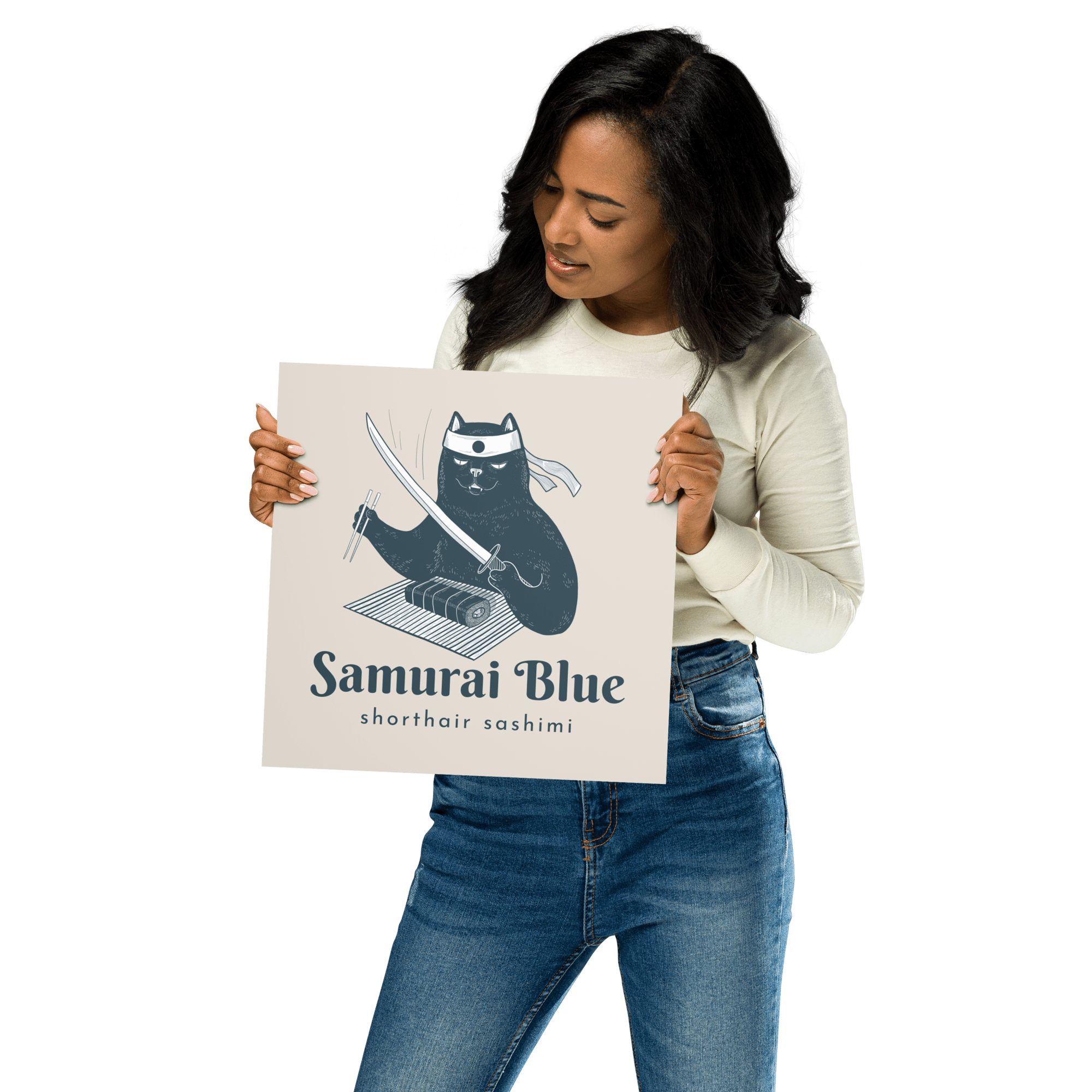 Samurai Blue Shorthair Sashimi Poster 12″×12″ Jolly & Goode
