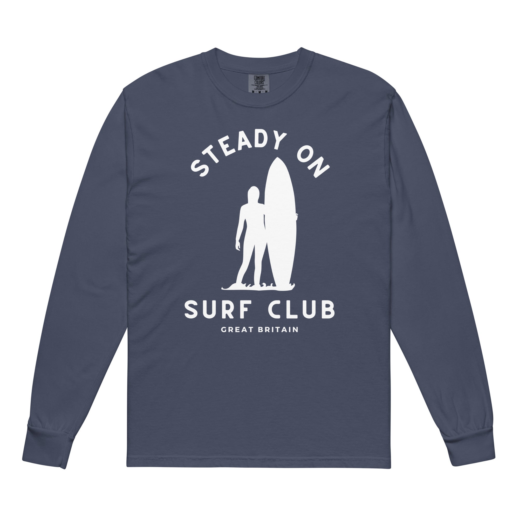 Steady On Surf Club | Great Britain | Surfer Girl | Garment-dyed Heavyweight Long-Sleeve Shirt Navy / S long sleeve shirts Jolly & Goode
