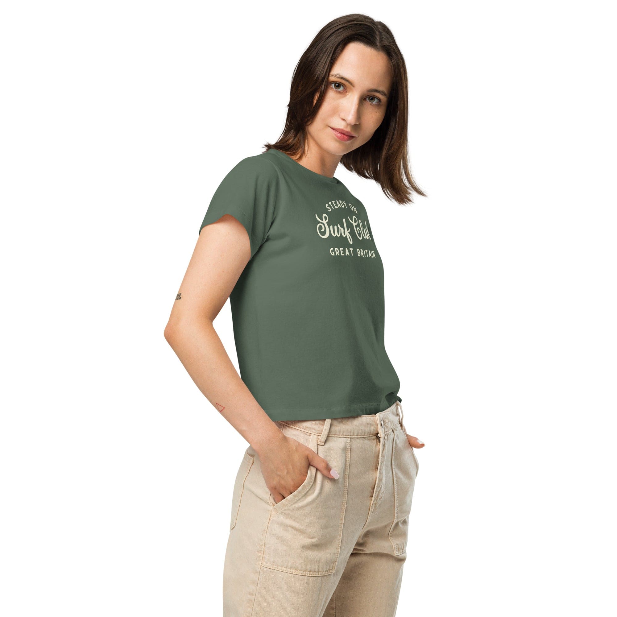 Steady On Surf Club Great Britain | Women’s High-Waisted T-shirt Pine / S Women's Shirts Jolly & Goode