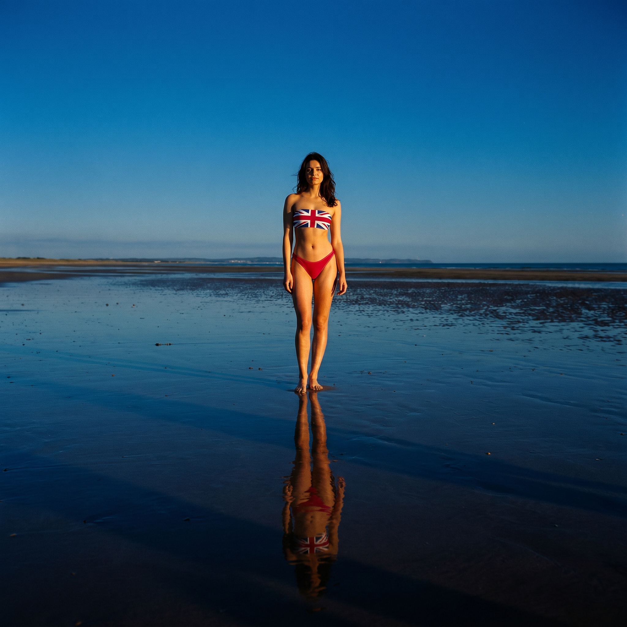 Woman in a bikini with a Union Jack design standing on a reflective beach.
